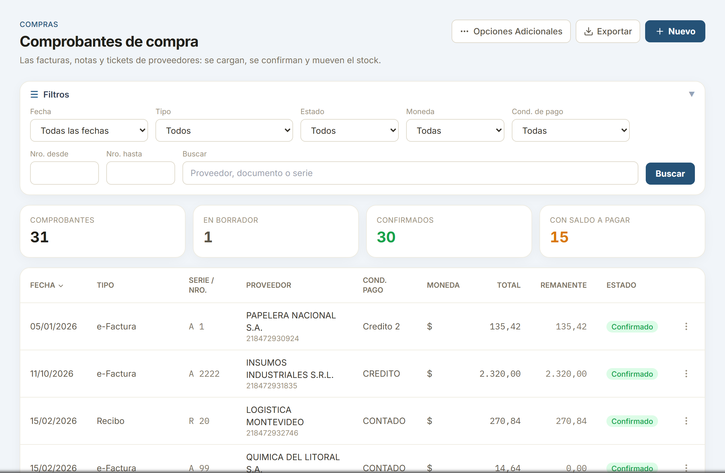 Pantalla de comprobantes de compra de MICFE con el resumen por estado