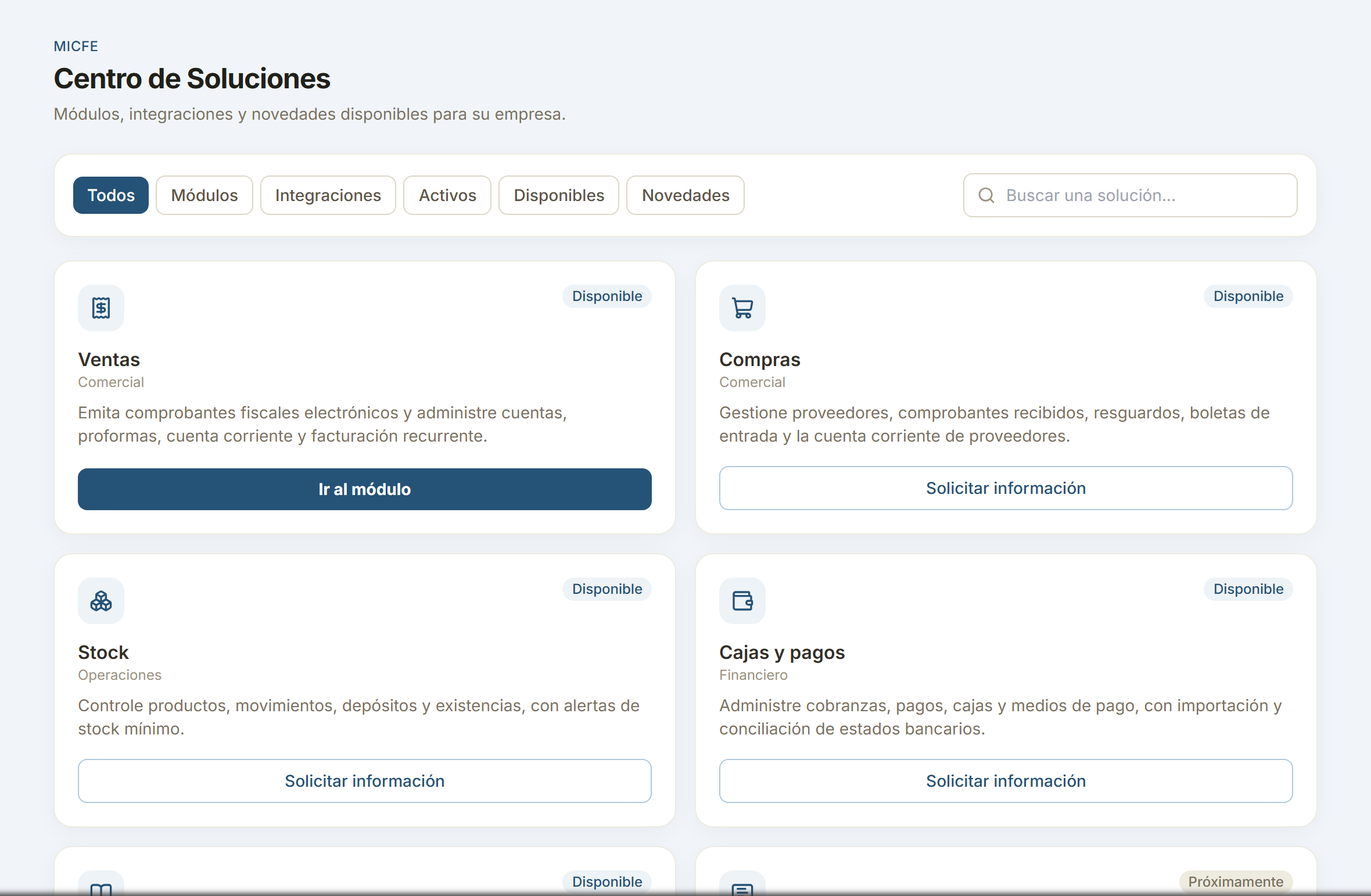 Centro de Soluciones dentro de MICFE, con los módulos y su estado